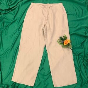 🌹 LINEA UAMO •  Drawstring & Button Zip Men's Cream 100% Linen Chinos Pants
